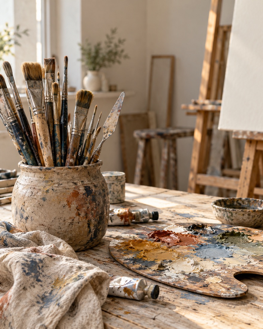 Atmosferă de atelier: pensule și paletă — imagine generată cu AI